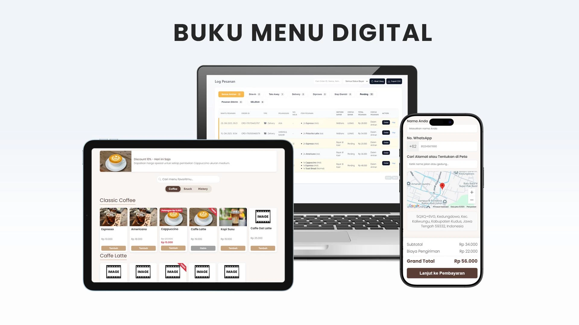 Tampilan sistem buku menu digital di berbagai perangkat