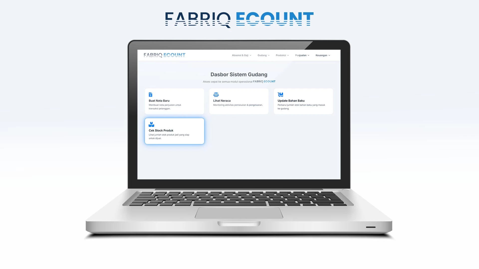 Dashboard sistem manajemen pabrik FABRIQ ECOUNT