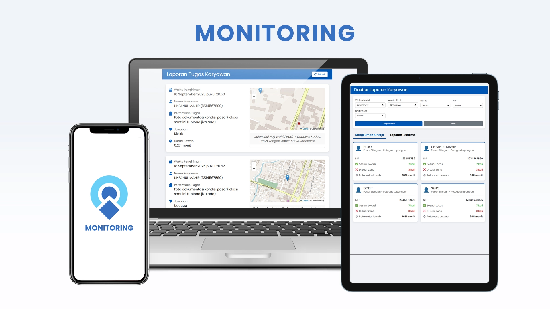 Tampilan sistem monitoring pegawai di berbagai perangkat