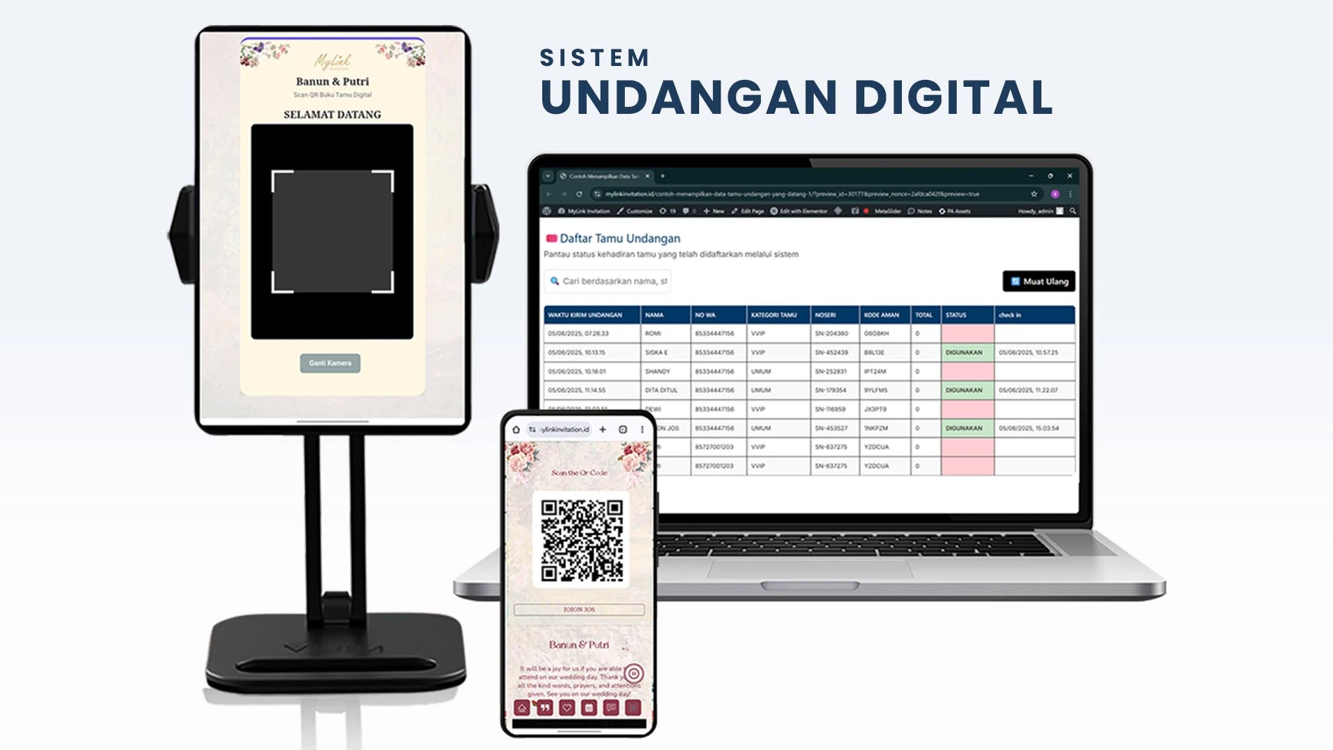 Tampilan dashboard admin yang menunjukkan daftar tamu hadir
