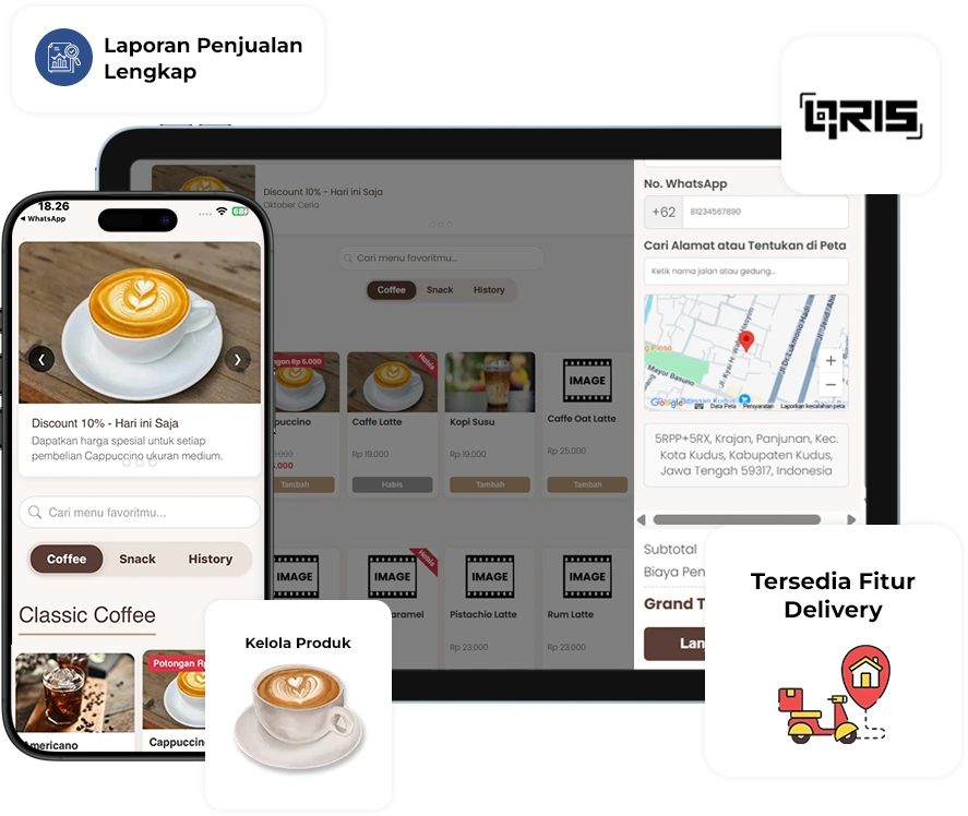Tampilan sistem kasir dan QR menu di smartphone
